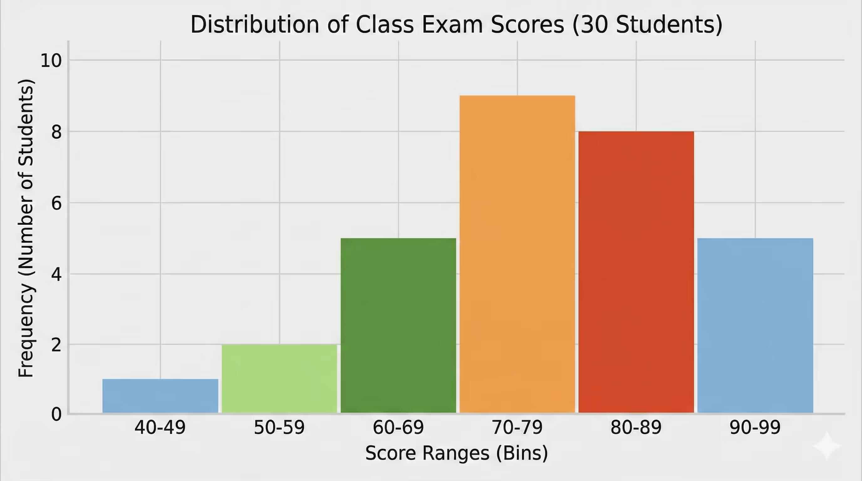 Histogram showing the distribution of exam scores for 30 students, with highest frequency of 9 students scoring between 70-79.