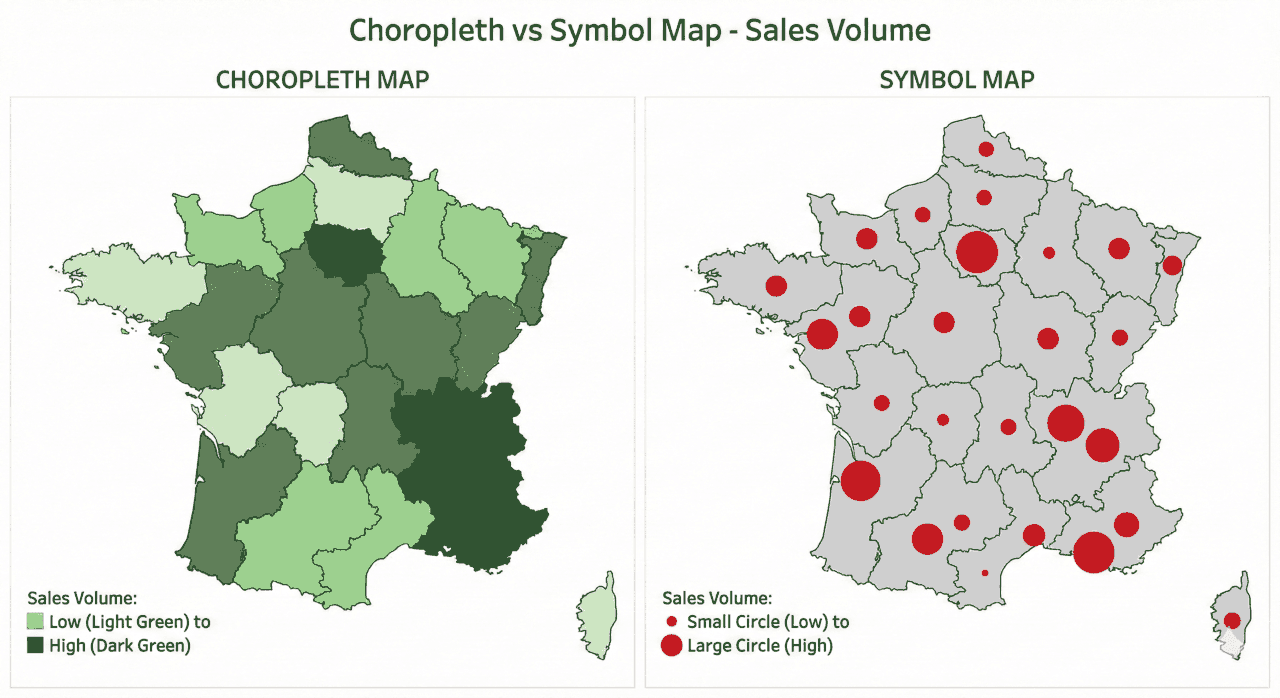 Side-by-side maps of France showing sales volume by region: a chloropleth map with shades of green from light (low) to dark (high), and a symbol map with red circles varying in size from small (low) to large (high).