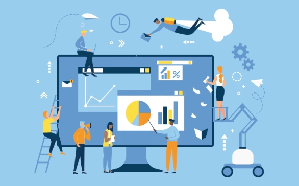 An illustration of a computer monitor with small people around it. The people are all working on various parts of it