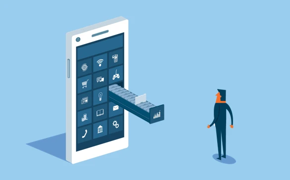 An illustration of a man looking at a giant smartphone that has an app that opens like a filing cabinet drawer