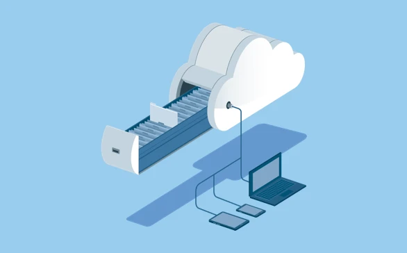 An illustration of a cloud that is wired to multiple devices and also has a drawer opening with files inside