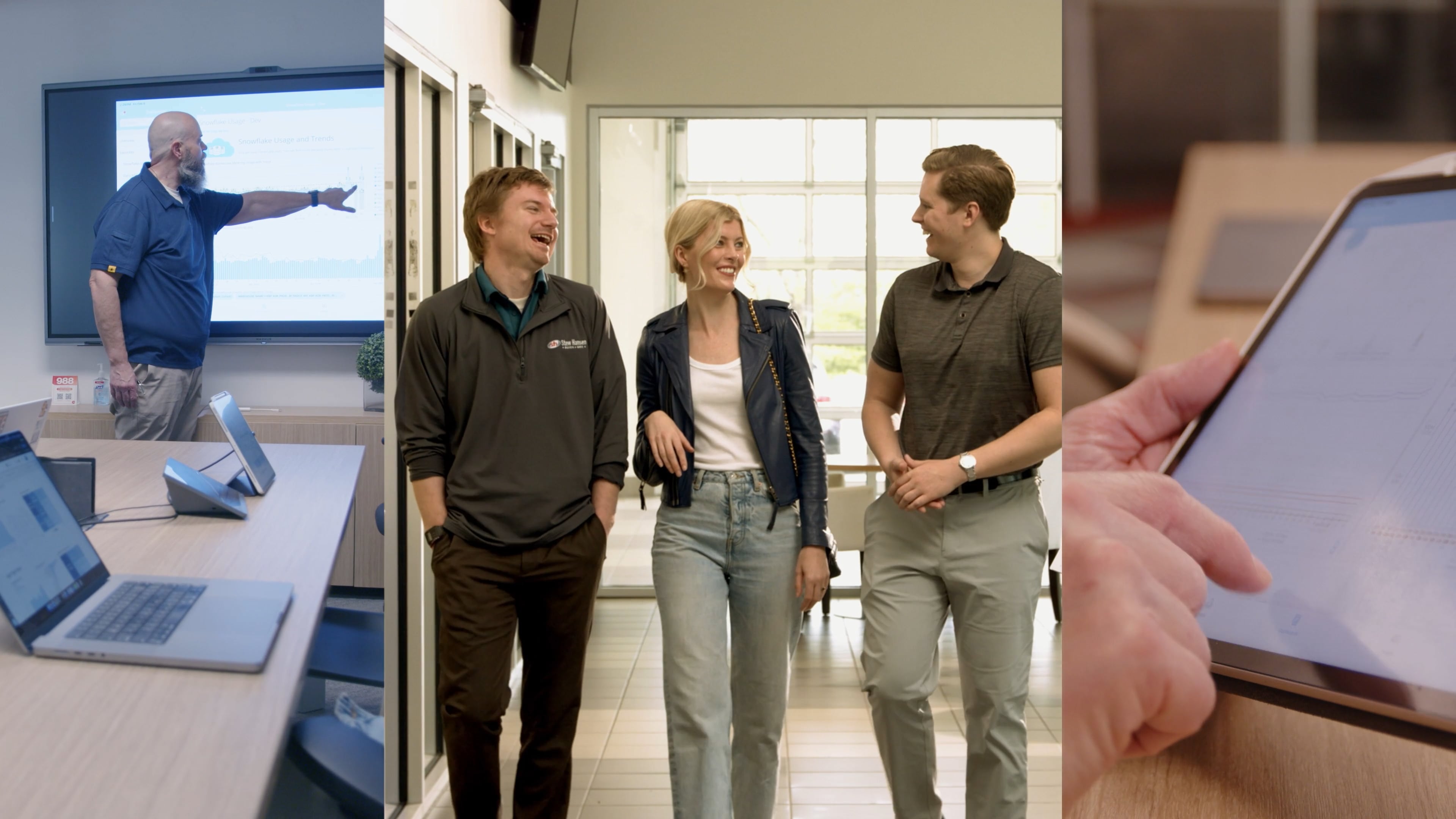 Three people smiling and walking in an office, with a man presenting data on a monitor and a tablet closeup.