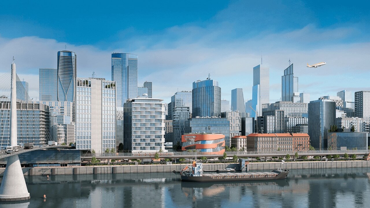 Modern city skyline with glass buildings, a bridge, cargo ship on water, and airplane in clear sky.