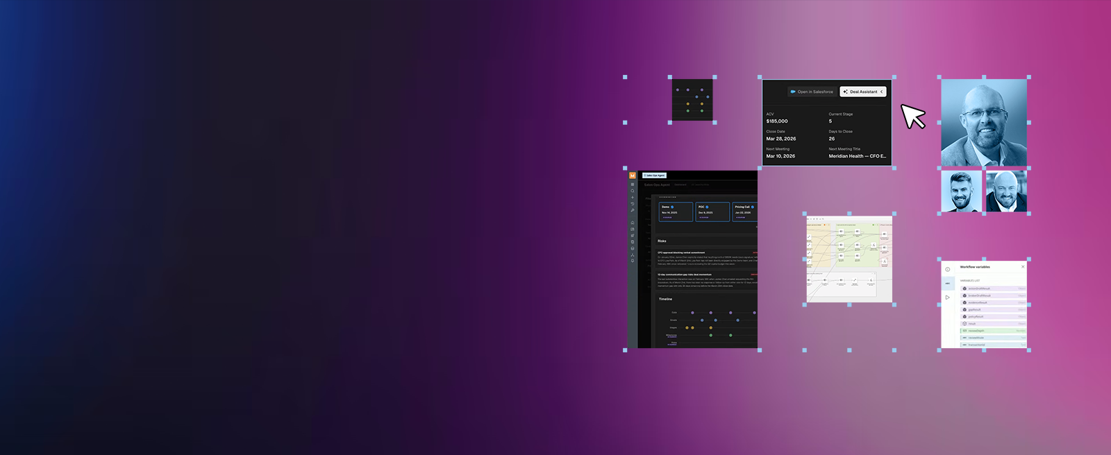 A blue, purple, and pink gradient background with frames of design panels and images of people with a cursor going in between them