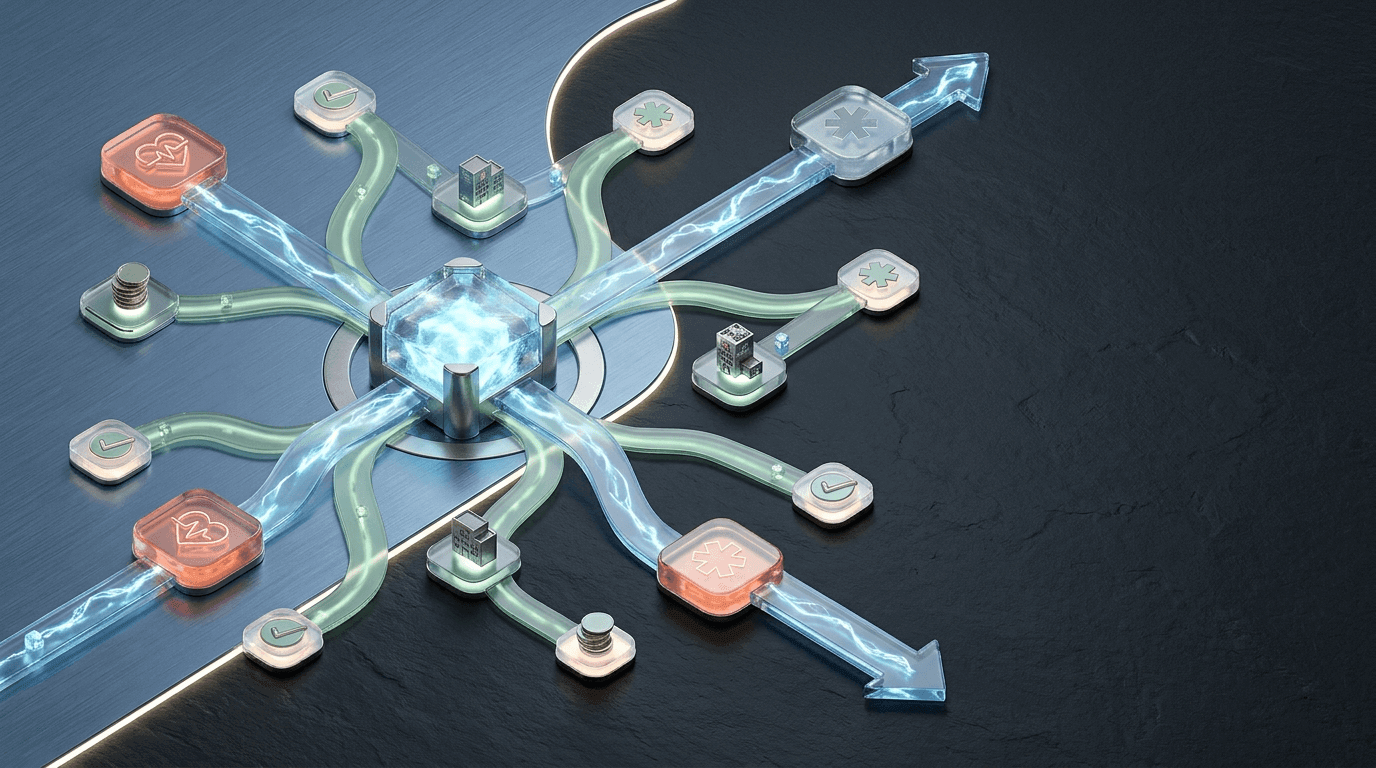 3D network diagram with a central cube connected to various nodes by glowing electric and green tubes.