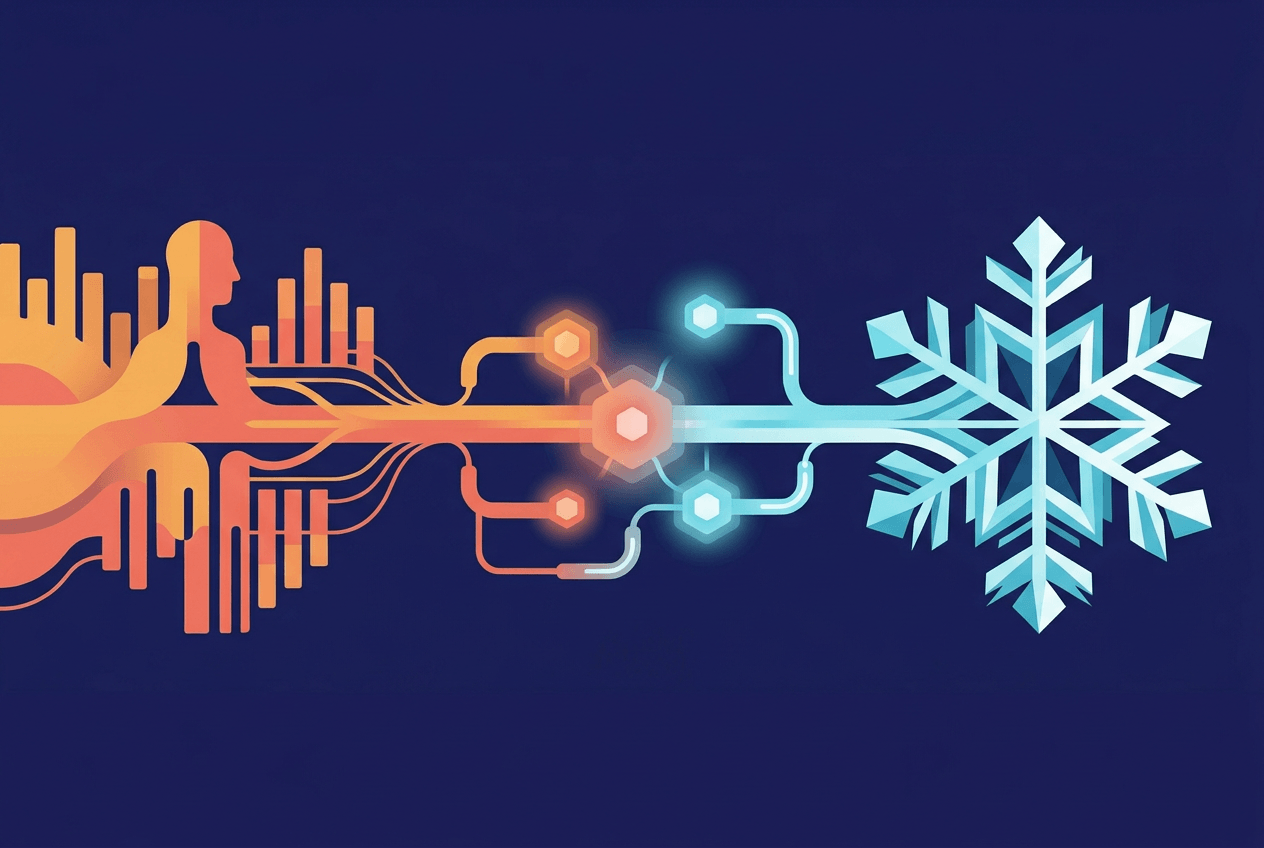 A person surrounded by graphs connecting to a snowflake via circuitry