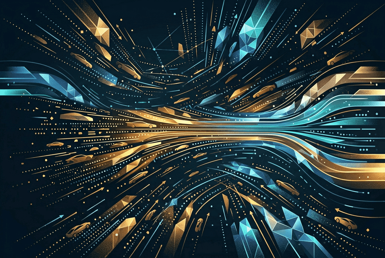 Abstract, geometric shapes, lines, and dots that are waving through the space