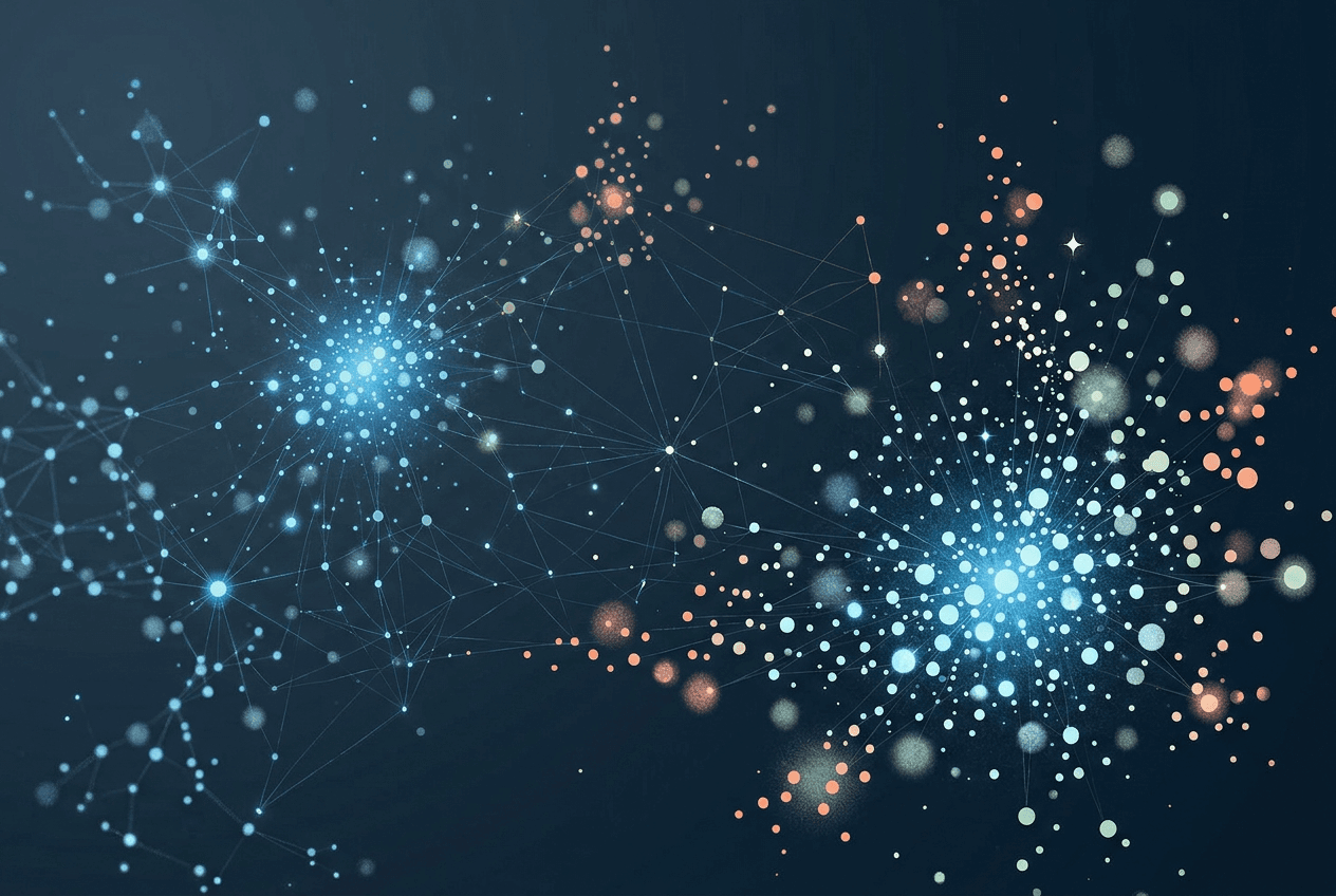 Abstract network of blue and orange nodes connected by thin lines on dark background.