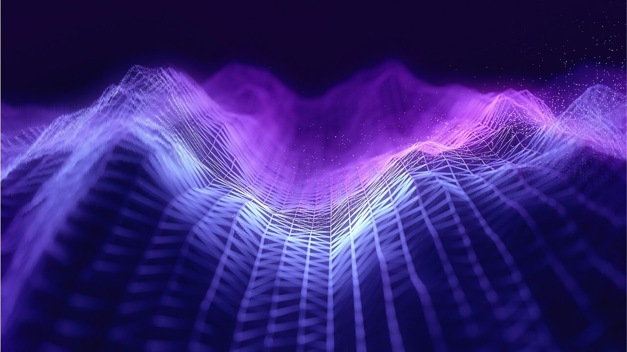 Abstract 3D grid landscape with glowing purple and blue digital waves and scattered light particles.