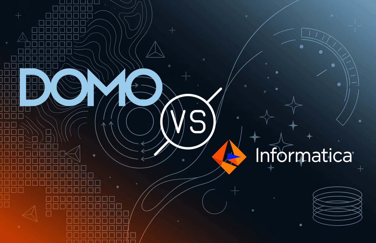 Domo logo on left versus Informatica logo on right on a dark background with tech-themed graphics.
