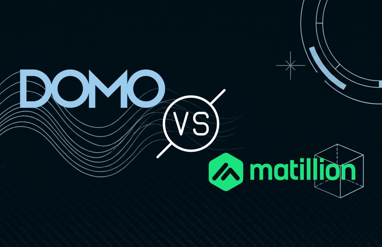 Comparison graphic showing DOMO logo on left and Matillion logo on right with VS circle in center.