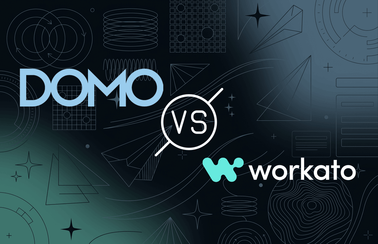Domo versus Workato logos side by side on a dark blue and green background with abstract shapes.