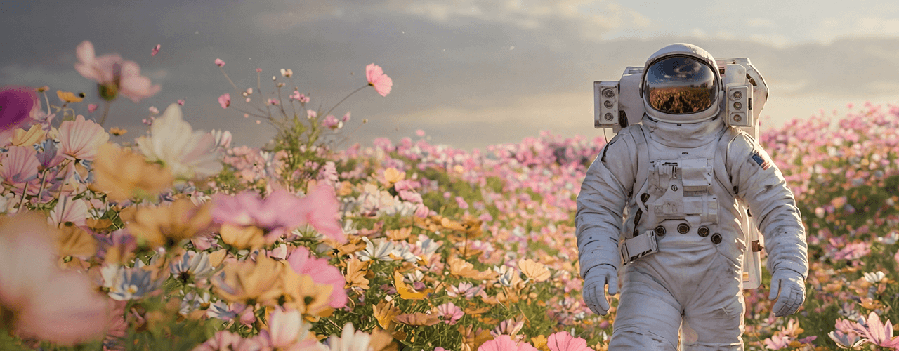 Astronaut in a white spacesuit walking through a vibrant field of pink and orange flowers.