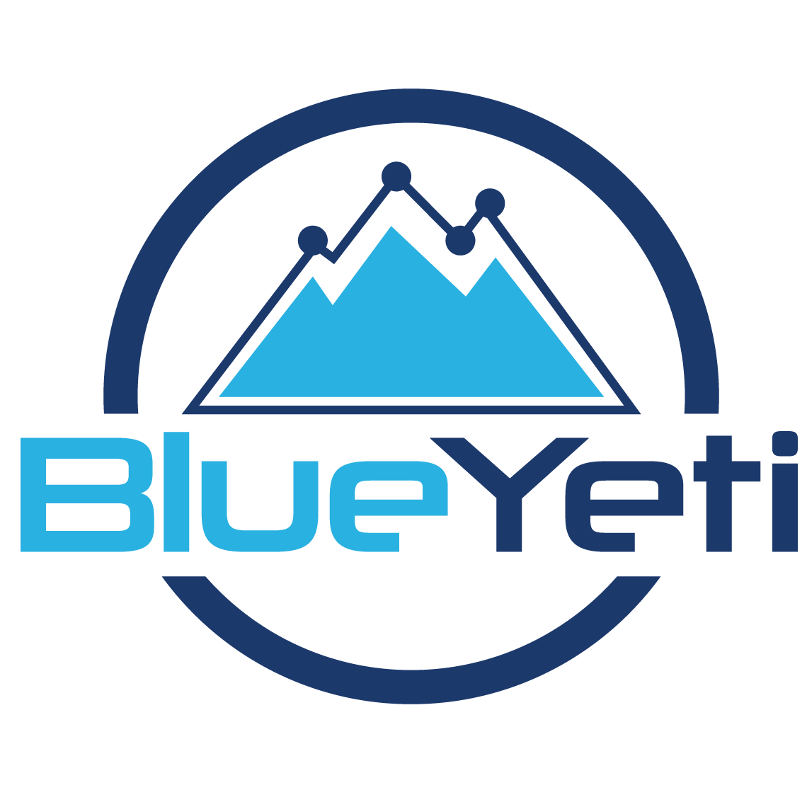 Blue and dark blue logo with stylized mountain and line graph inside circle with text BlueYeti.