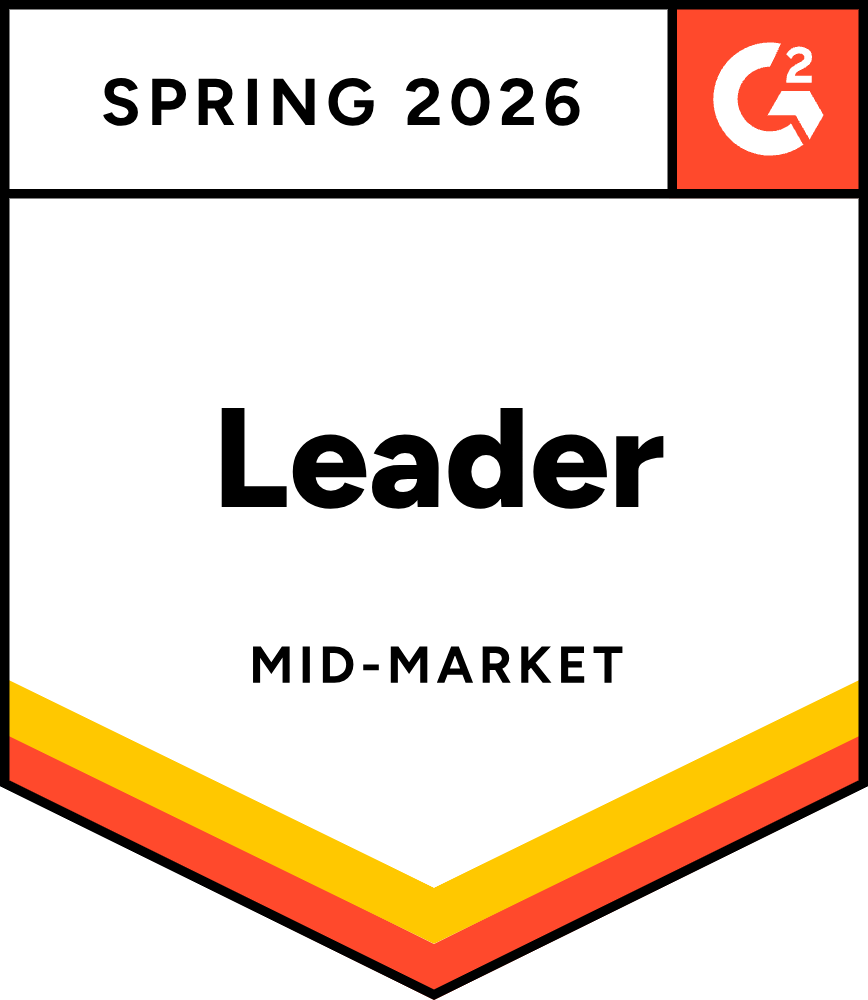 G2 Spring 2026 badge labeling 'Leader' in mid-market segment with logo on top right.