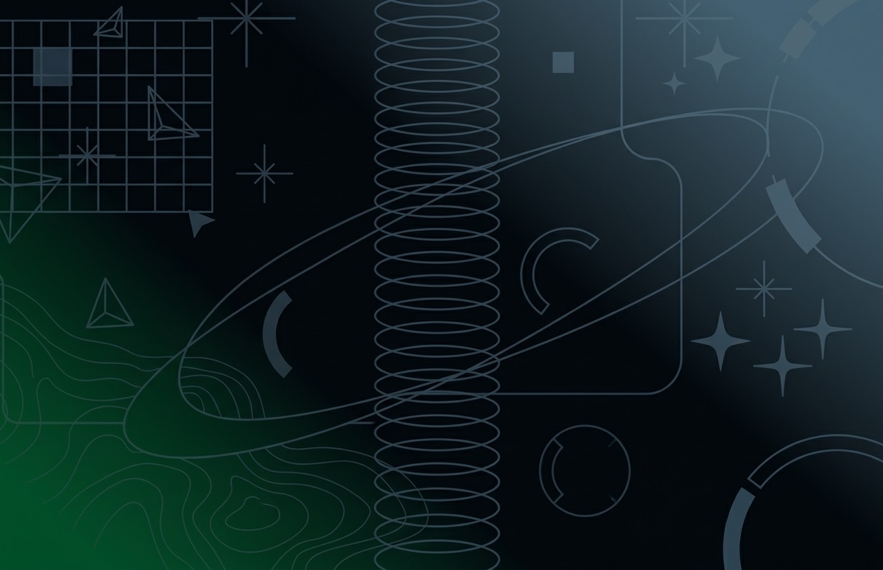 Dark abstract background with geometric shapes, lines, spirals, and star-like sparkles.