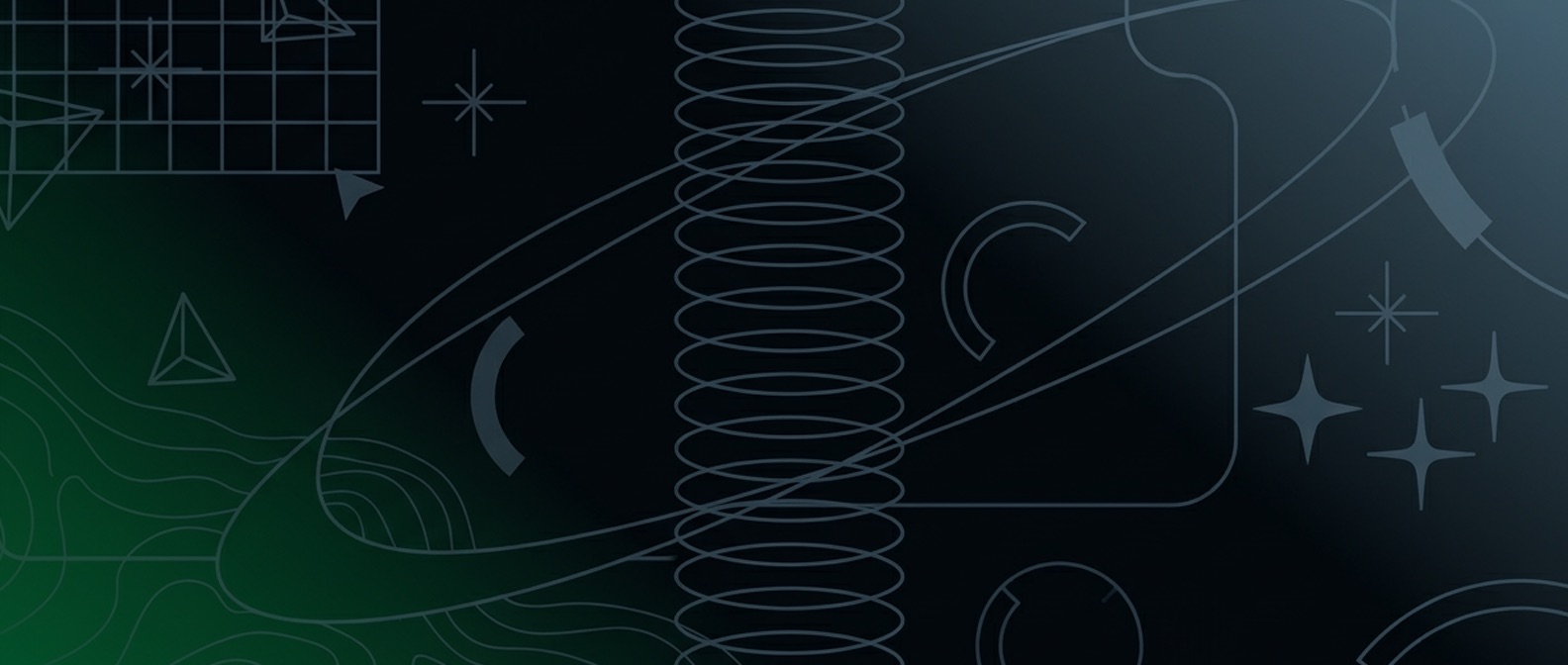 Abstract dark background with overlapping geometric shapes, lines, and spiral elements.