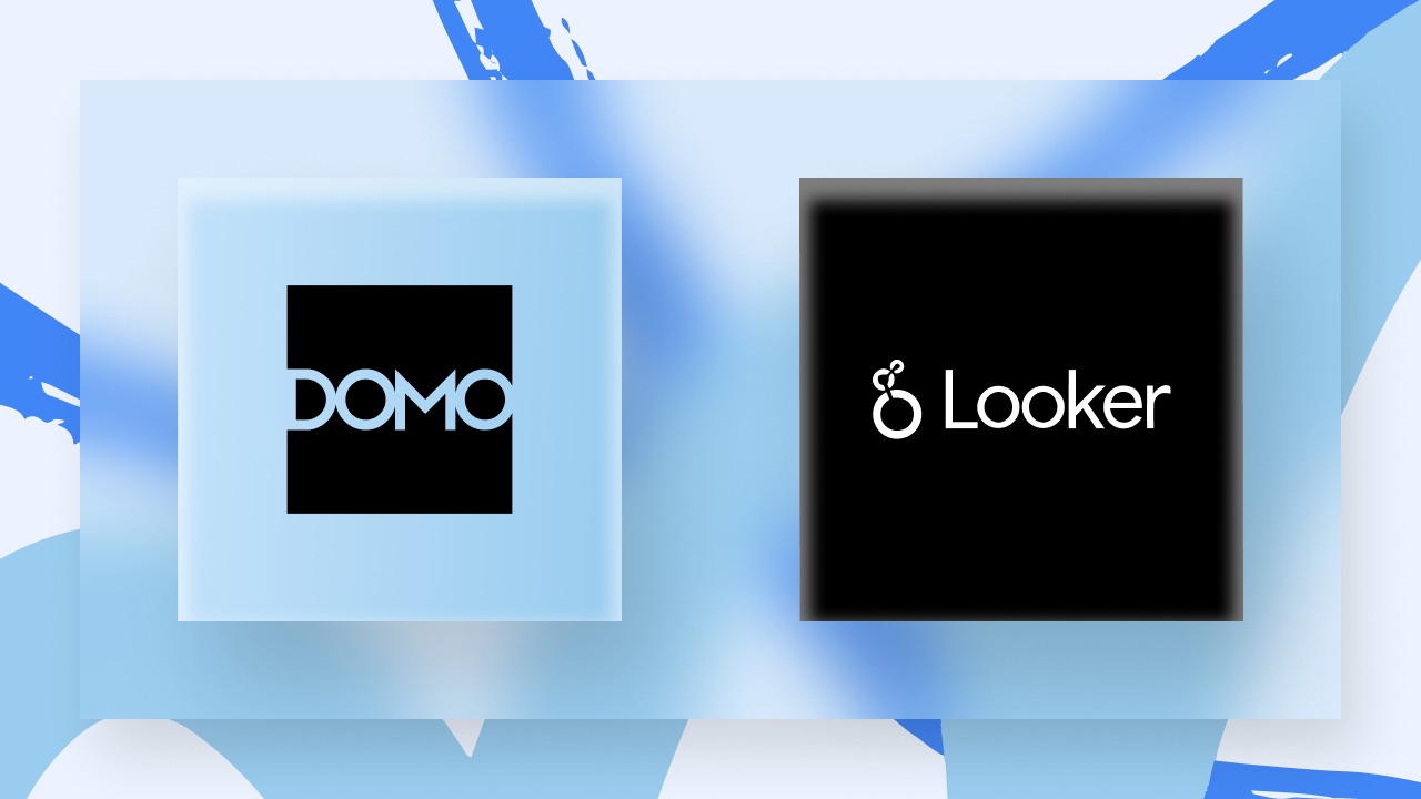 Domo and Looker logos side-by-side on black squares over a blue abstract background.