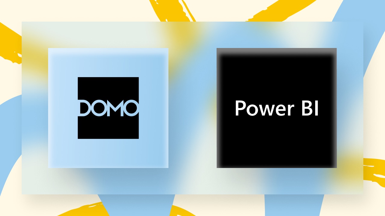 Side-by-side logos for DOMO and Power BI on a gradient blue and yellow abstract background.