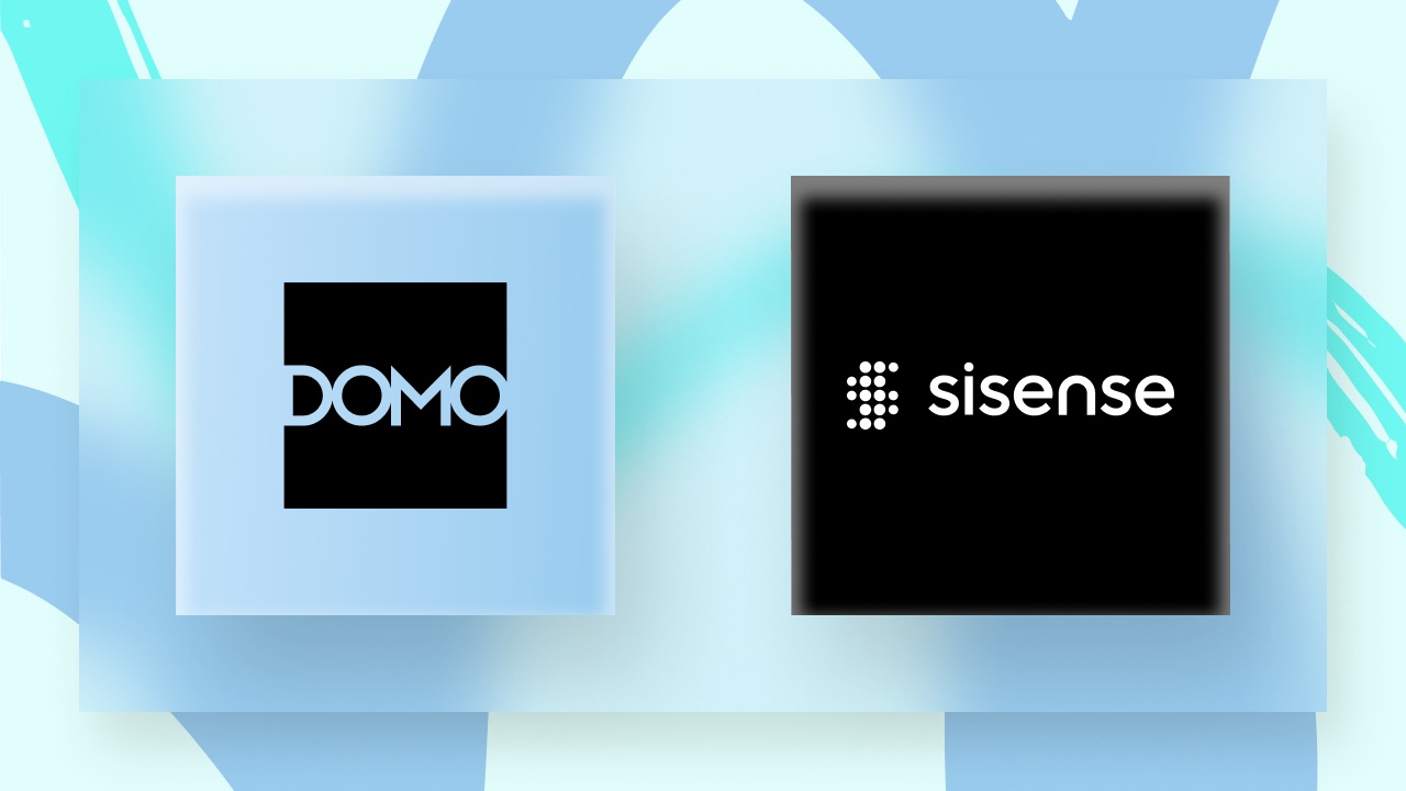 Domo and Sisense logos side-by-side in black squares on a blue/turquoise abstract background.