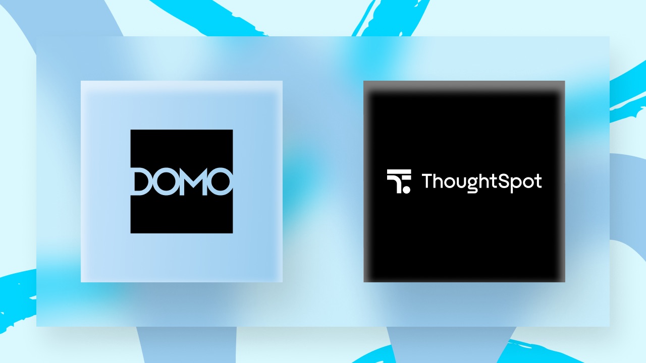 Domo and ThoughtSpot logos side-by-side on black squares over a blue gradient.