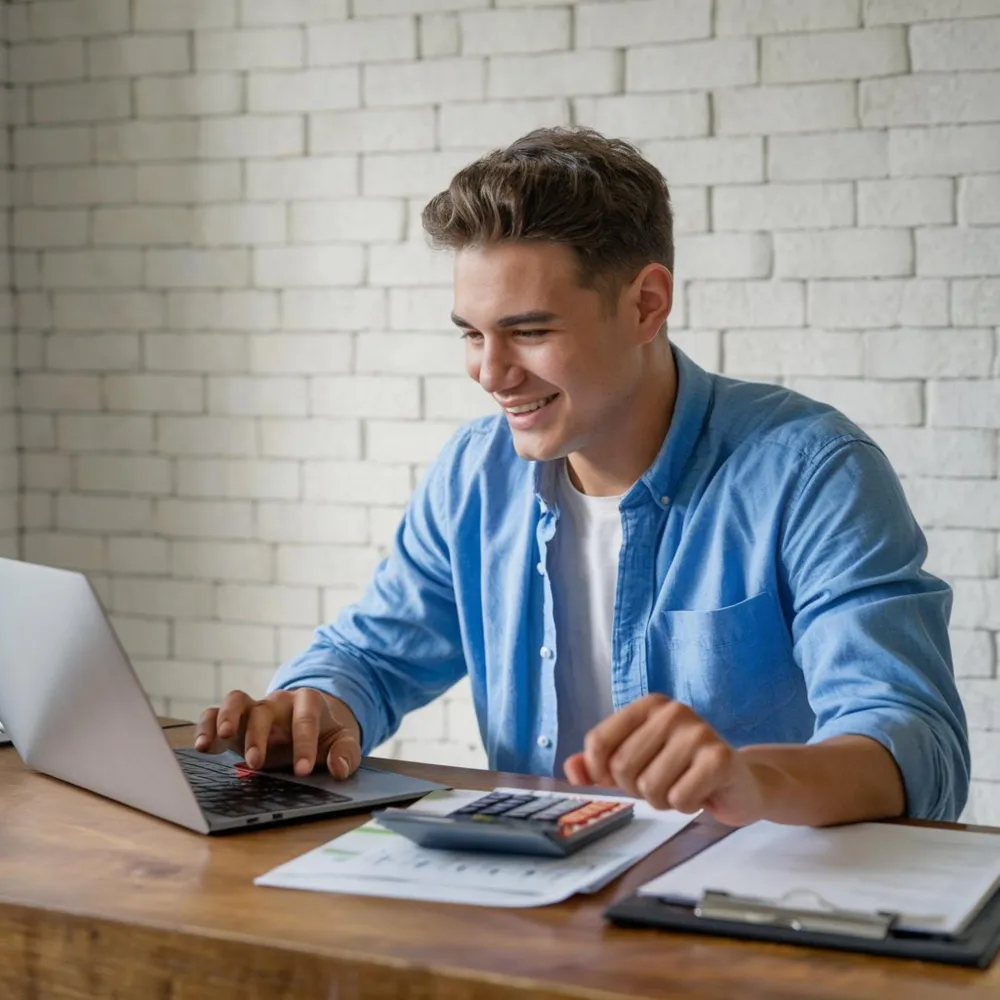 Jonge ondernemer maakt berekeningen met laptop en papieren – inzicht in kosten en financiering