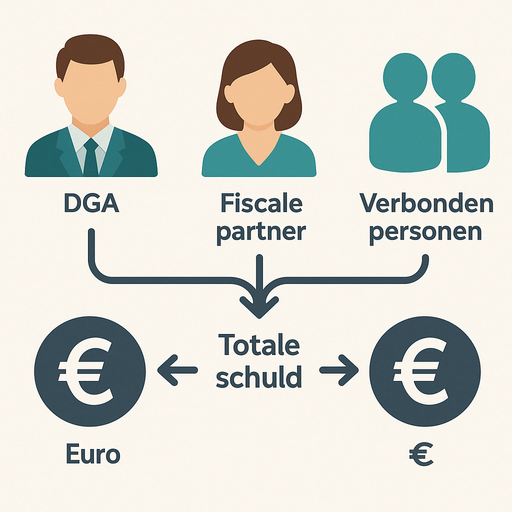 Een schematische weergave van de relatie tussen dga, fiscale partner en verbonden personen, met pijlen die de samenstelling van de totale schuld illustreren.