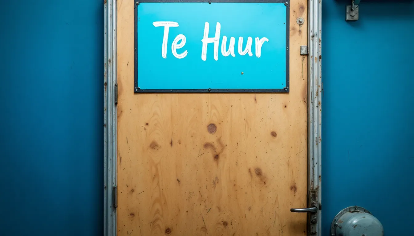 Een leeg kantoor met een "Te Huur" bord voor het raam, wat de beëindiging van zakelijke activiteiten en de fysieke afsluiting van een bedrijfslocatie symboliseert. Dit beeld roept gedachten op over het uitschrijven van een eenmanszaak uit het handelsregister en de bijbehorende administratieve processen.