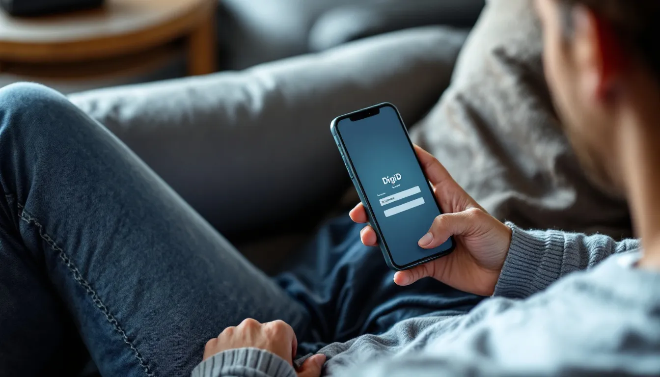 Een hand gebruikt de DigiD-app op een smartphone, terwijl op de achtergrond de website van de Belastingdienst zichtbaar is. Deze afbeelding illustreert hoe jongeren eenvoudig hun belastingzaken, zoals belasting terugvragen en aangifte inkomstenbelasting, online kunnen regelen.