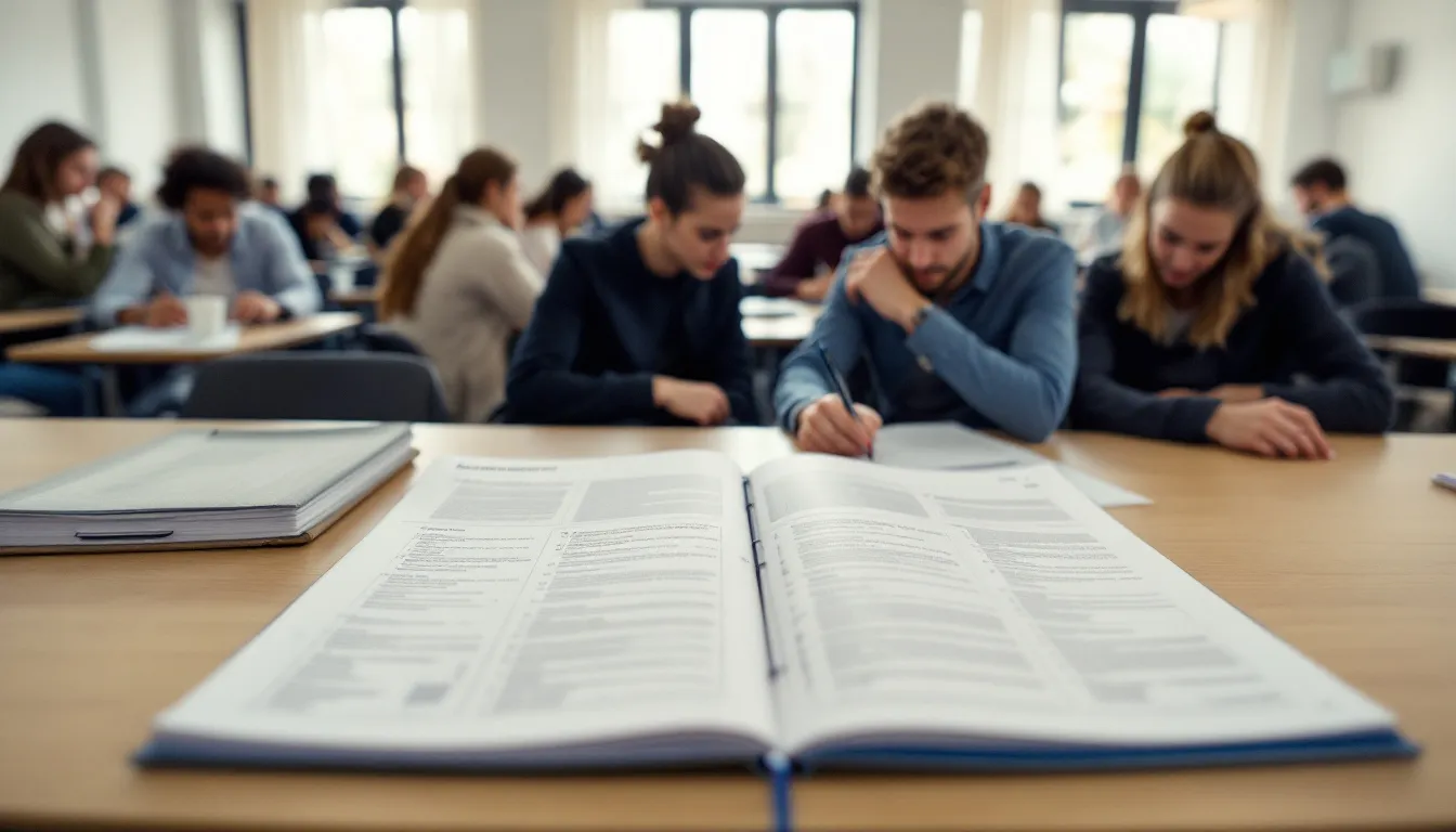 In een klaslokaal zitten een groep studenten samen, terwijl ze lesmateriaal van de Belastingdienst doornemen over onderwerpen zoals belasting terugvragen en aangifte inkomstenbelasting. Dit beeld benadrukt de educatieve inspanningen van de Belastingdienst om jongeren te helpen bij het ontwikkelen van hun financiële vaardigheden.