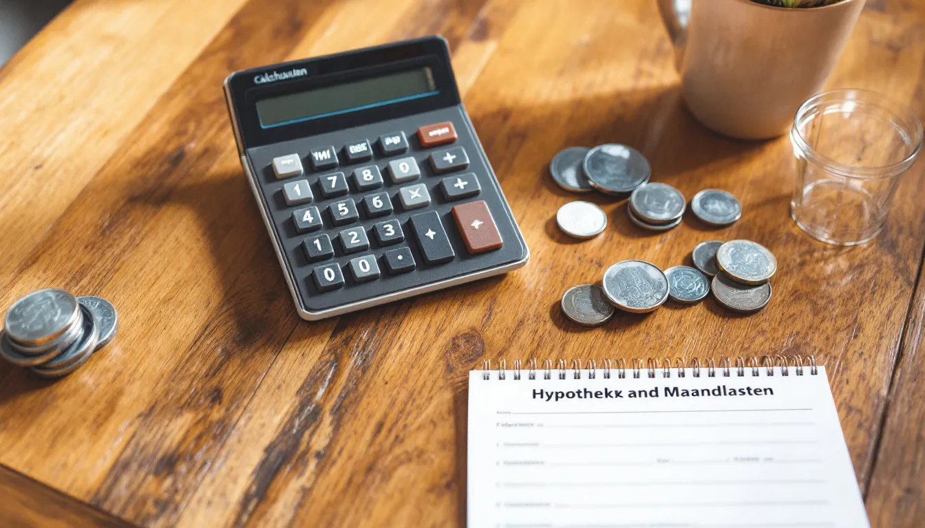 De afbeelding toont een calculator naast een huismodel en een stapel munten, wat het proces van het berekenen van hypotheek en maandlasten symboliseert. De calculator vertegenwoordigt de berekeningen die nodig zijn voor netto maandlasten en het bepalen van de hypotheeklasten, terwijl het huismodel het doel van de hypotheek benadrukt.