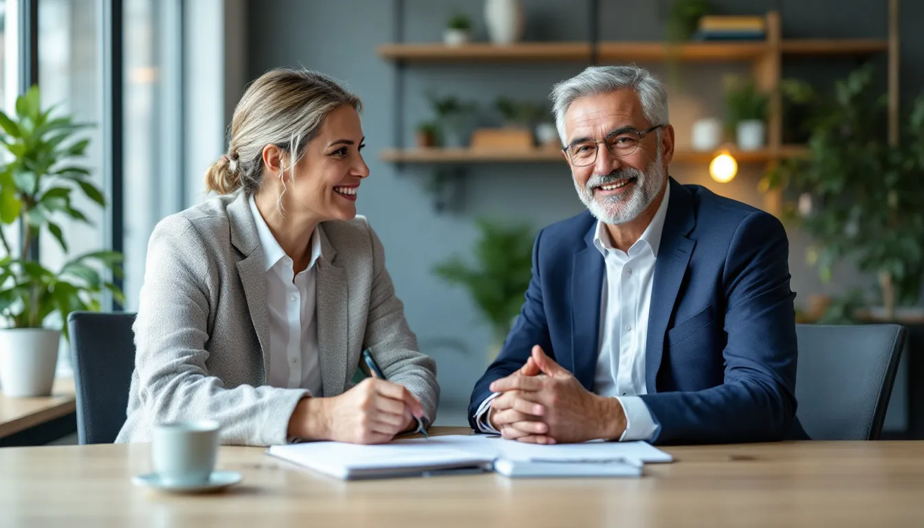 Een financieel adviseur geeft advies aan een klant over het aanvullen van zijn pensioen en de mogelijkheden voor fiscaal voordeel. De twee personen zitten aan een tafel met documenten en een laptop, terwijl ze bespreken hoe men extra pensioen kan opbouwen en belastingvoordelen kan benutten.