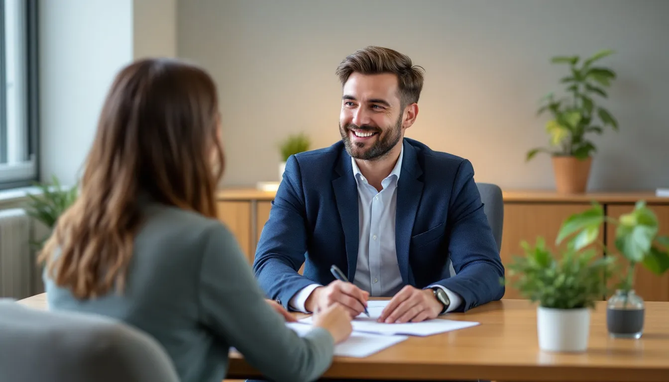 Een financieel adviseur staat aan een tafel en praat met klanten over het belang van professioneel advies bij het beheren van de overwaarde van hun huis. De adviseur legt uit hoe de overwaarde vrijkomt en de fiscale gevolgen kan beïnvloeden, zoals belasting over de overwaarde en de mogelijkheden voor een volgende hypotheek.