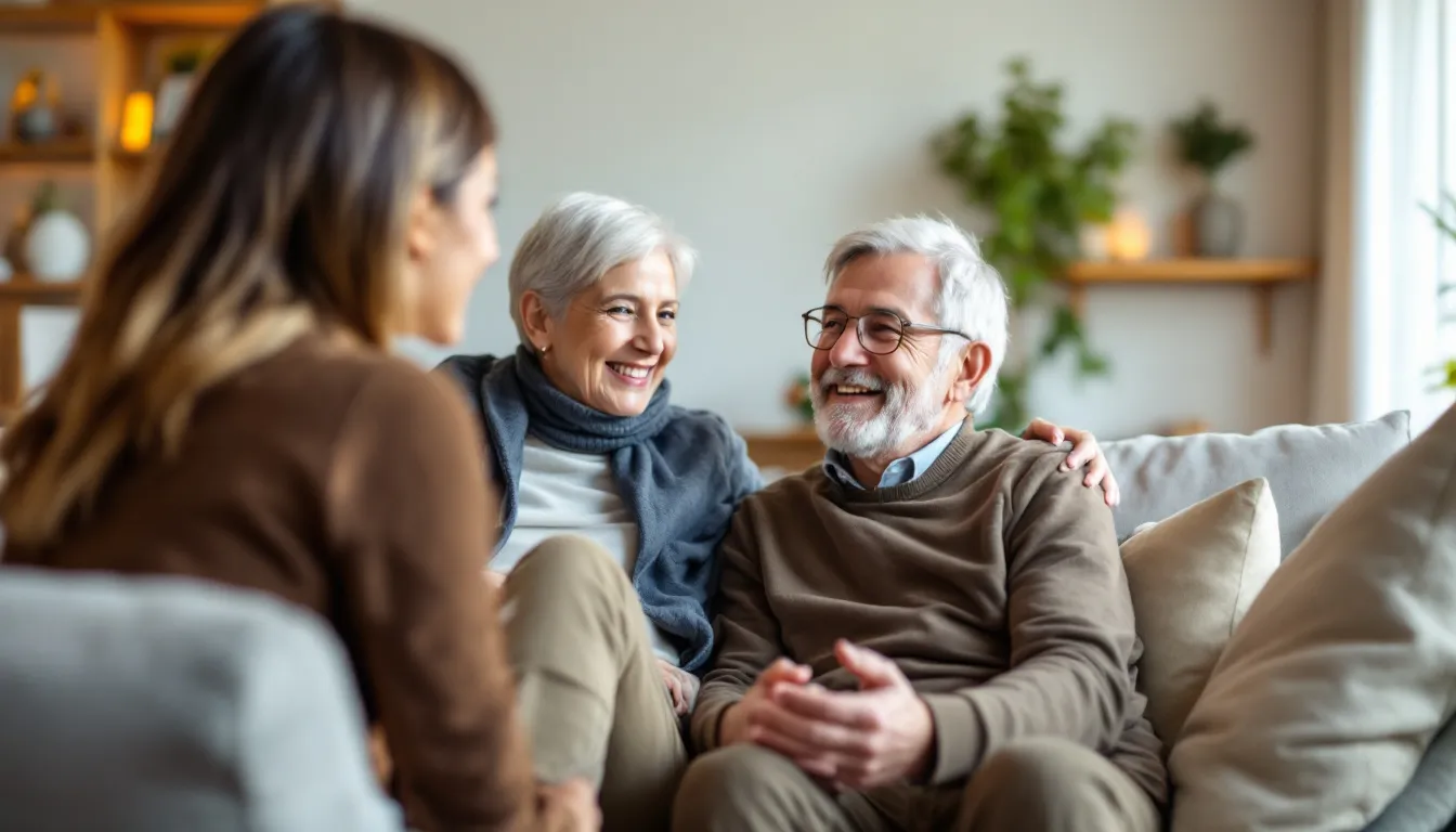 Een seniorenpaar in hun zeventiger jaren zit in een gezellige woonkamer terwijl ze advies krijgen over zorgtoeslag van een jonge adviseur. Op de tafel liggen brochures en notitieblokken, en de man met grijs haar en bril en de vrouw met kort, wit haar en een sjaal luisteren aandachtig naar de uitleg over hoe zorgtoeslag aanvragen en krijgen werkt.