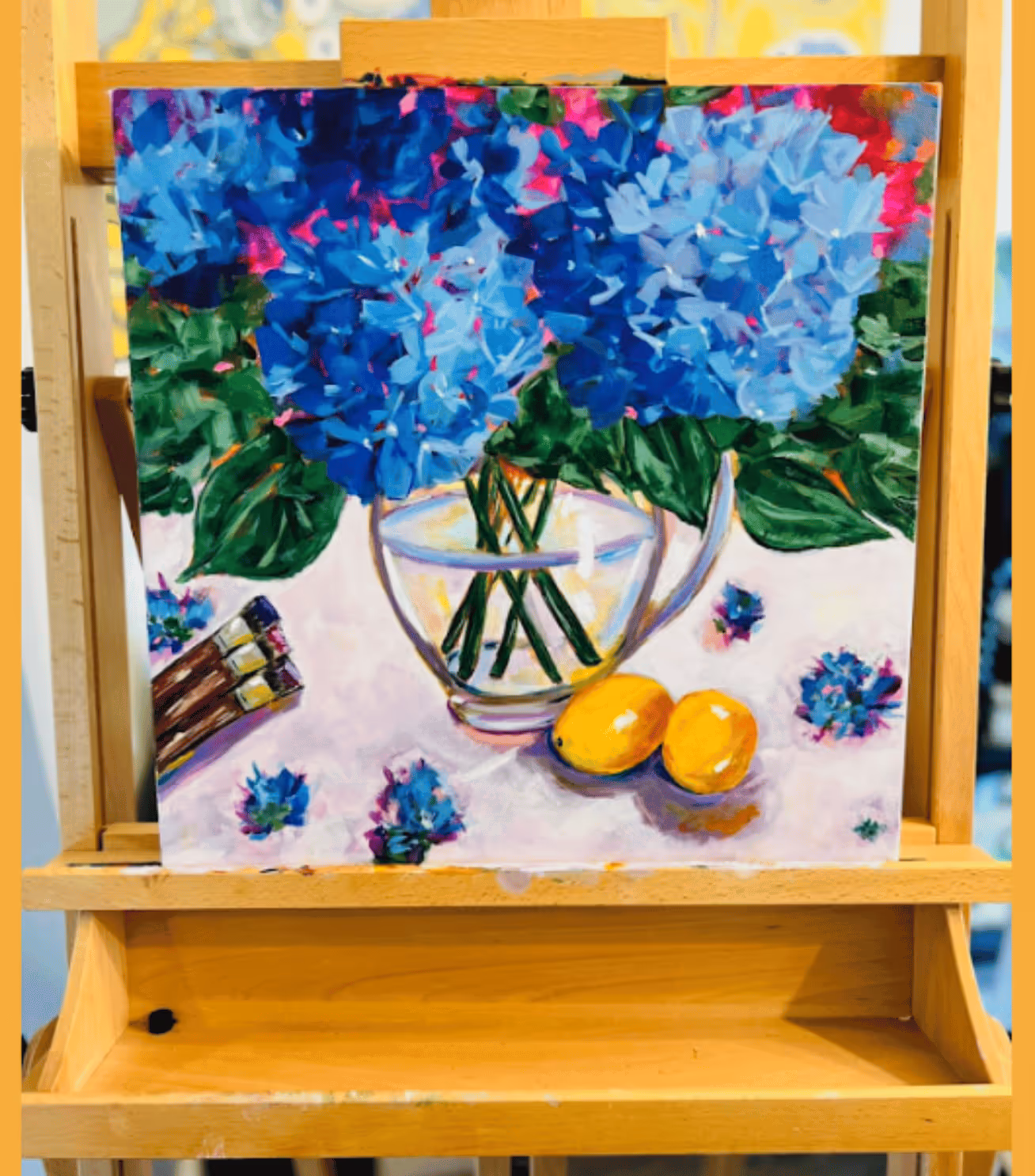 "Hydrangeas painting from the 'Brushes & Blooms' course by student Lisa, July 28th, 2023.