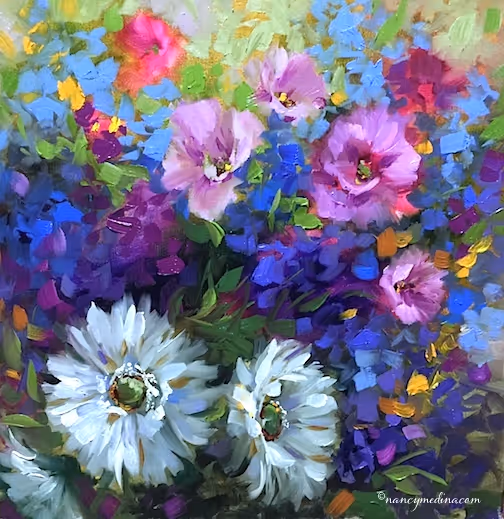 Colorful studio scene featuring a vibrant floral painting of glads, daisies, and mixed blooms in rich purples, pinks, and blues