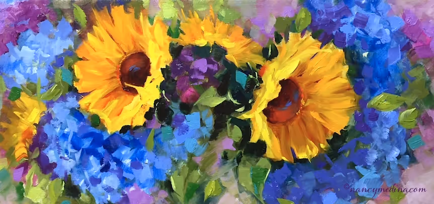 Vibrant sunflower painting featuring bold yellow blooms surrounded by blue and purple florals, capturing emotion through expressive brushwork and transparent paints