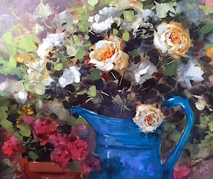  Oil painting of French roses in soft white and peach tones, arranged in a vivid blue pitcher with surrounding pink blooms and leafy greenery, evoking a romantic Parisian garden in the rain.