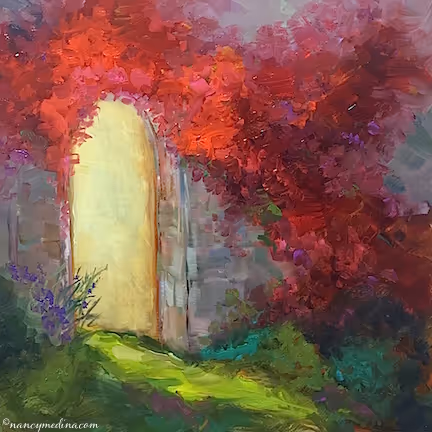  An arched stone doorway glows with golden light beneath a cascade of vivid red and pink blooms, opening onto a lush, sunlit garden path—evoking the romance of Italy in June.