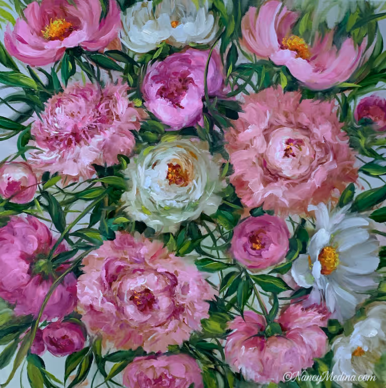  A lush bouquet of blooming peonies in soft pinks, whites, and magentas bursts with wildflower charm, evoking the vibrant spirit of the country in springtime.
