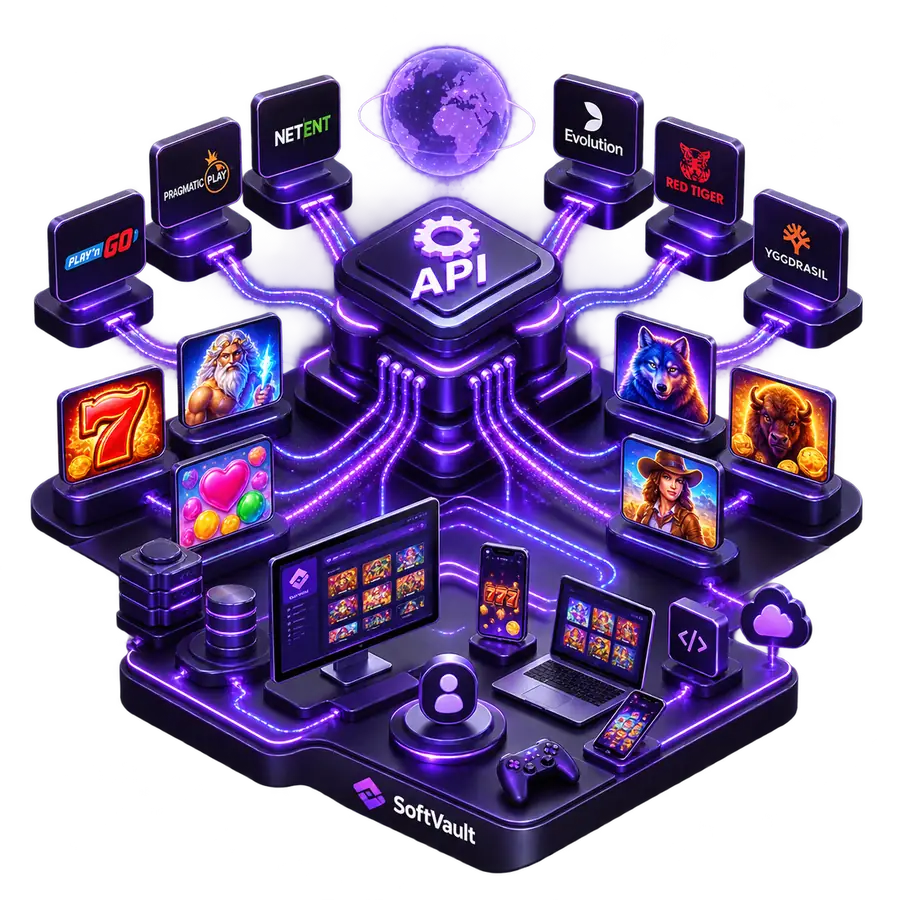 SoftVault casino game aggregator connecting NetEnt, Pragmatic Play, Evolution and 130+ providers through one API