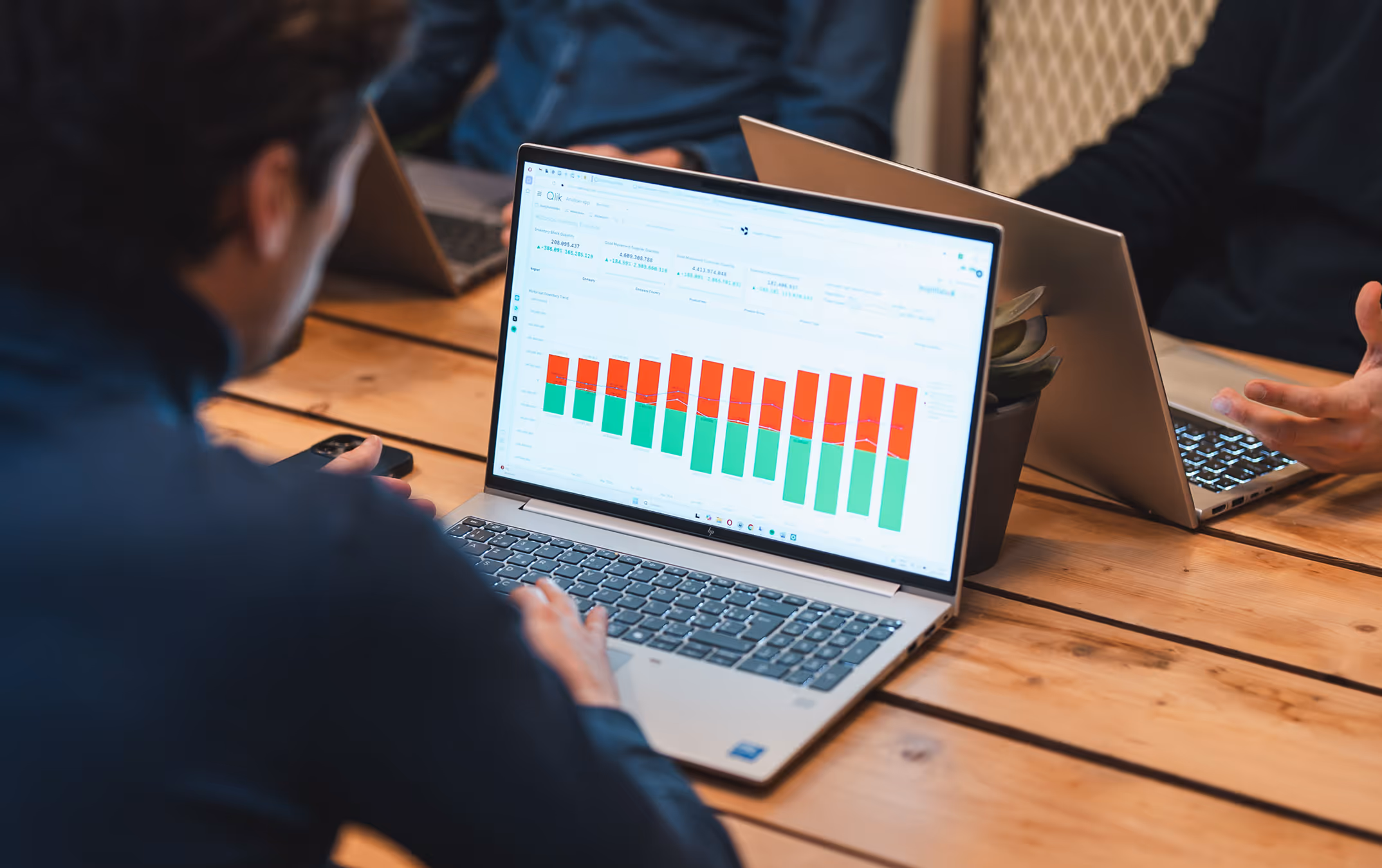Persoon werkt op laptop met daarop een staafgrafiek met rode en groene balken. Het is een screenshot van Qlik Sense BI, het platform dat InsightData gebruikt voor Business Intelligence.