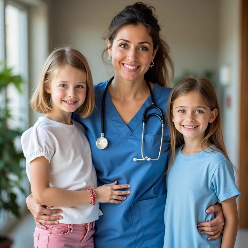 Female nurse posing with her two daughters