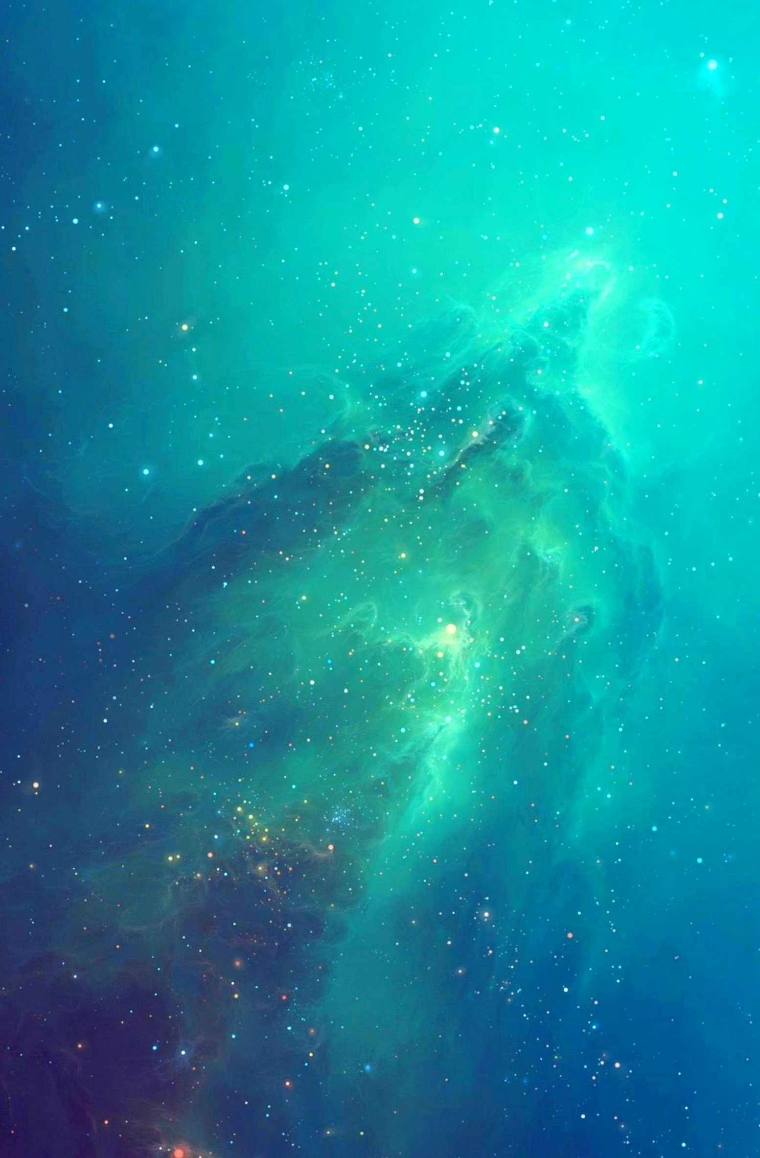 Vibrant turquoise and blue nebula with scattered bright stars and cosmic clouds.