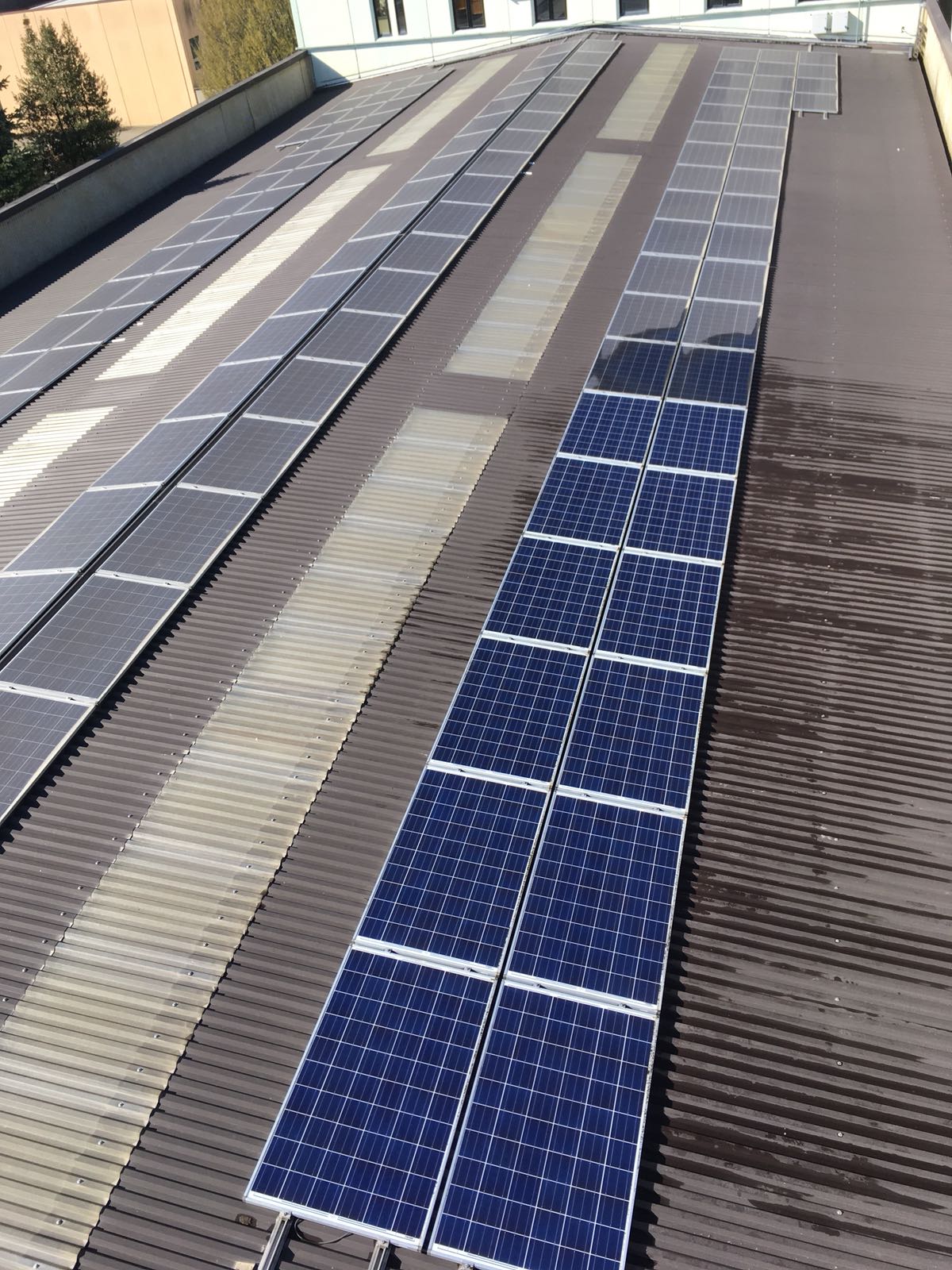 Pannelli solari installati in file su un tetto industriale di lamiera ondulata.