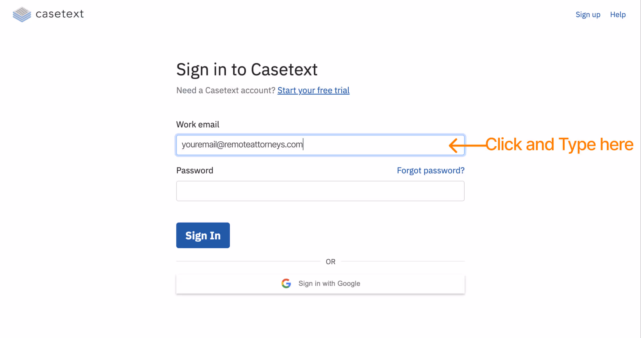 How to enter work email in casetext login page