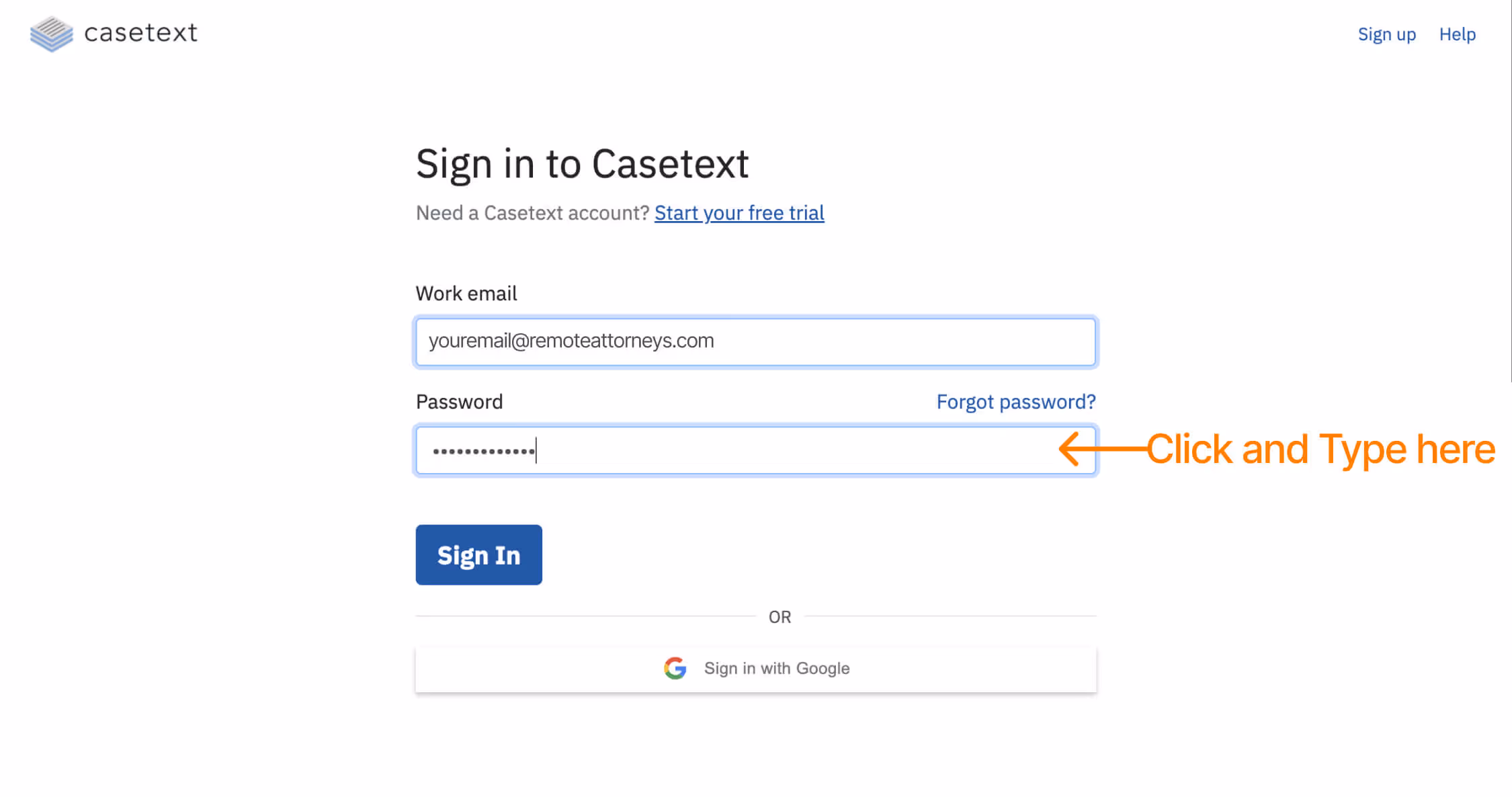 How to enter password in casetext login page