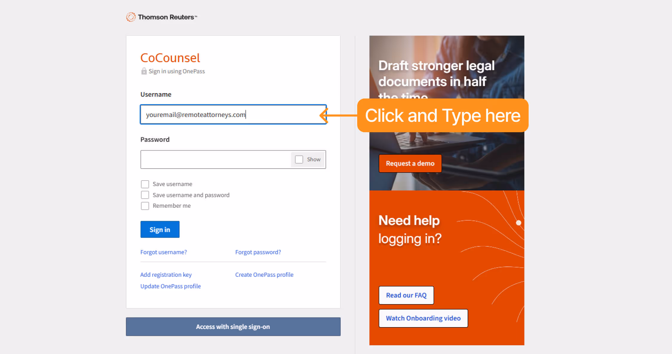 Entering username in CoCounsel, new Casetext Platform.
