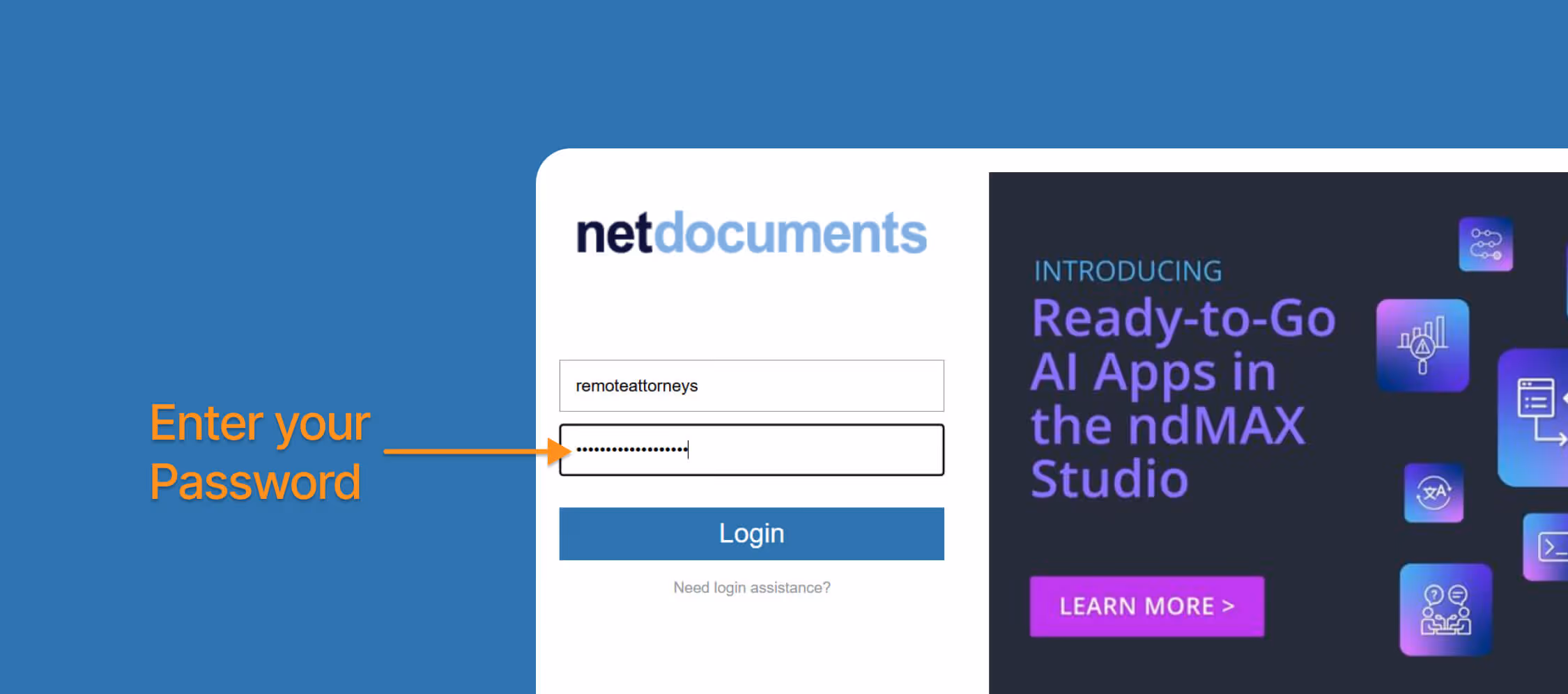 entering secure password to login to netdocs account