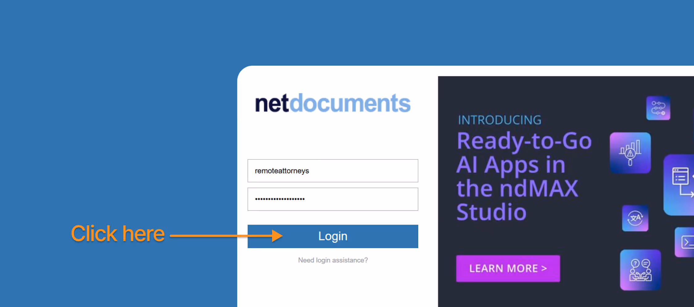 clicking login button to sign in to Netdocuments platform